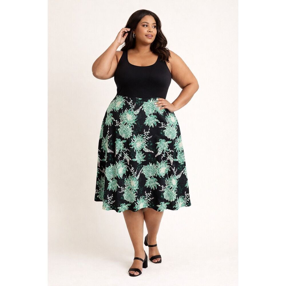 NYCC Plus Size 3X Black Green Floral A-Line Skirt Cottagecore Boho Chic